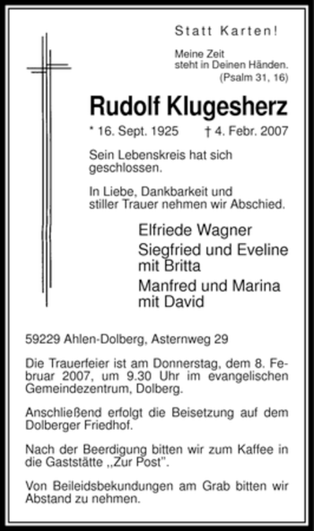 Traueranzeige von Rudolf Klugesherz von WESTFÄLISCHER ANZEIGER