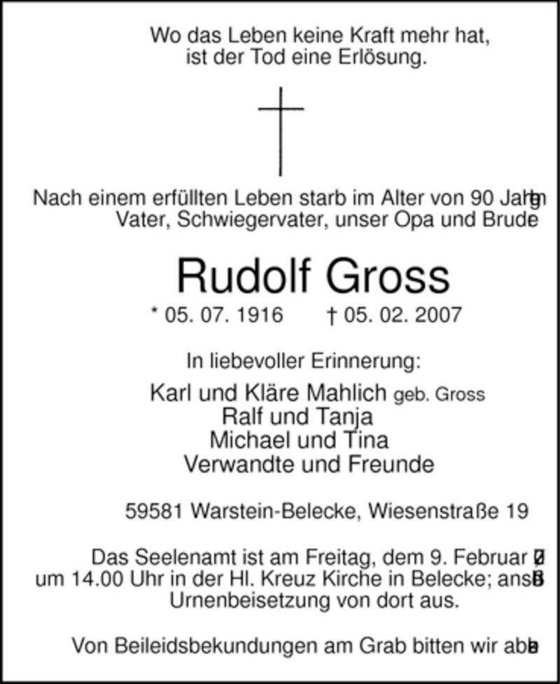  Traueranzeige für Rudolf Gross vom 06.02.2007 aus WESTFÄLISCHER ANZEIGER