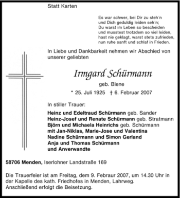 Traueranzeige von Irmgard Schürmann von WESTFÄLISCHER ANZEIGER