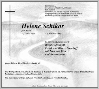 Traueranzeige von Helene Schikor von WESTFÄLISCHER ANZEIGER