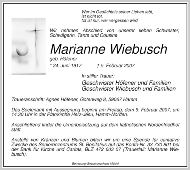 Traueranzeige für Marianne Wiebusch vom 07.02.2007 aus WESTFÄLISCHER ANZEIGER