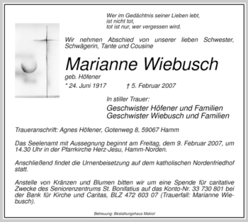 Traueranzeige von Marianne Wiebusch von WESTFÄLISCHER ANZEIGER