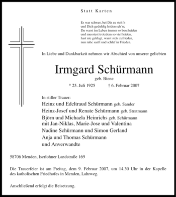 Traueranzeige von Irmgard Schürmann von WESTFÄLISCHER ANZEIGER