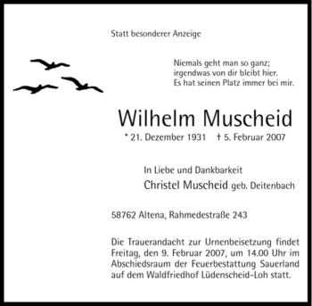 Traueranzeige von Wilhelm Muscheid von WESTFÄLISCHER ANZEIGER