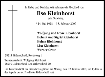 Traueranzeige von Ilse Kleinhorst von WESTFÄLISCHER ANZEIGER