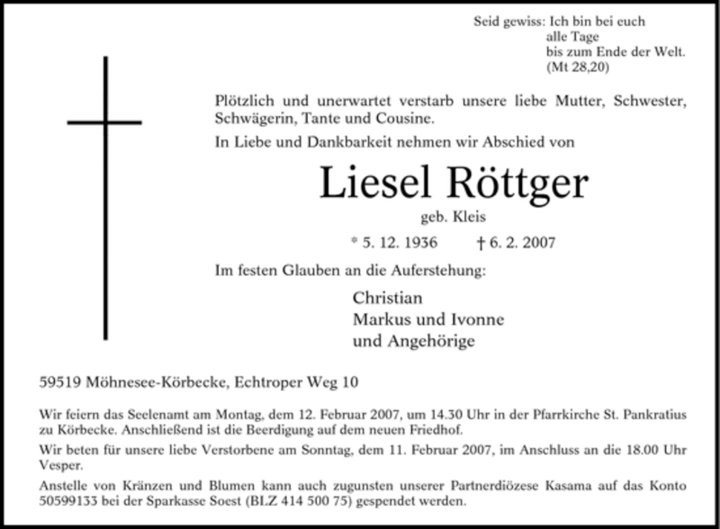  Traueranzeige für Liesel Röttger vom 08.02.2007 aus WESTFÄLISCHER ANZEIGER