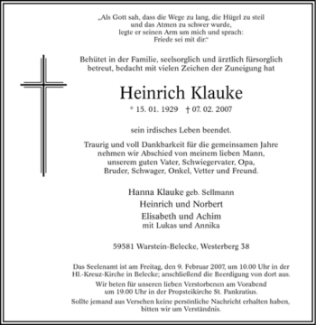 Traueranzeige von Heinrich Klauke von WESTFÄLISCHER ANZEIGER