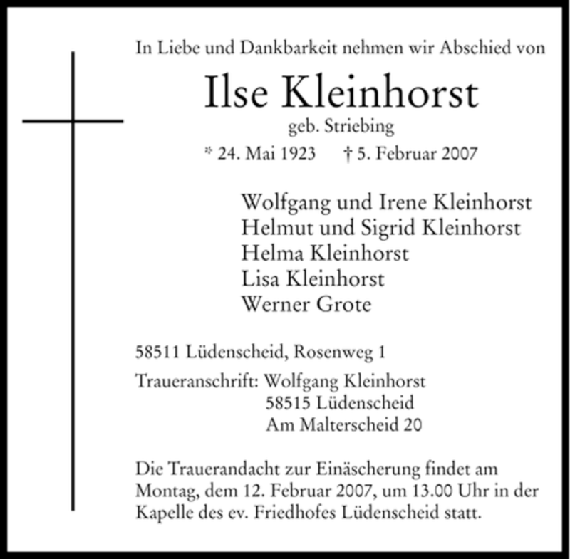  Traueranzeige für Ilse Kleinhorst vom 08.02.2007 aus WESTFÄLISCHER ANZEIGER