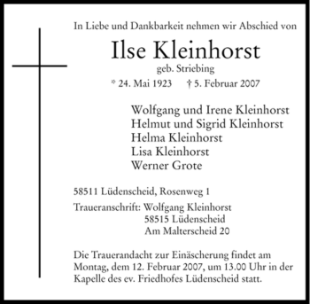 Traueranzeige von Ilse Kleinhorst von WESTFÄLISCHER ANZEIGER