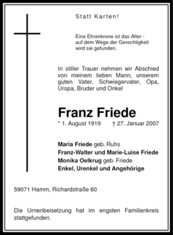 Traueranzeige von Franz Friede von WESTFÄLISCHER ANZEIGER