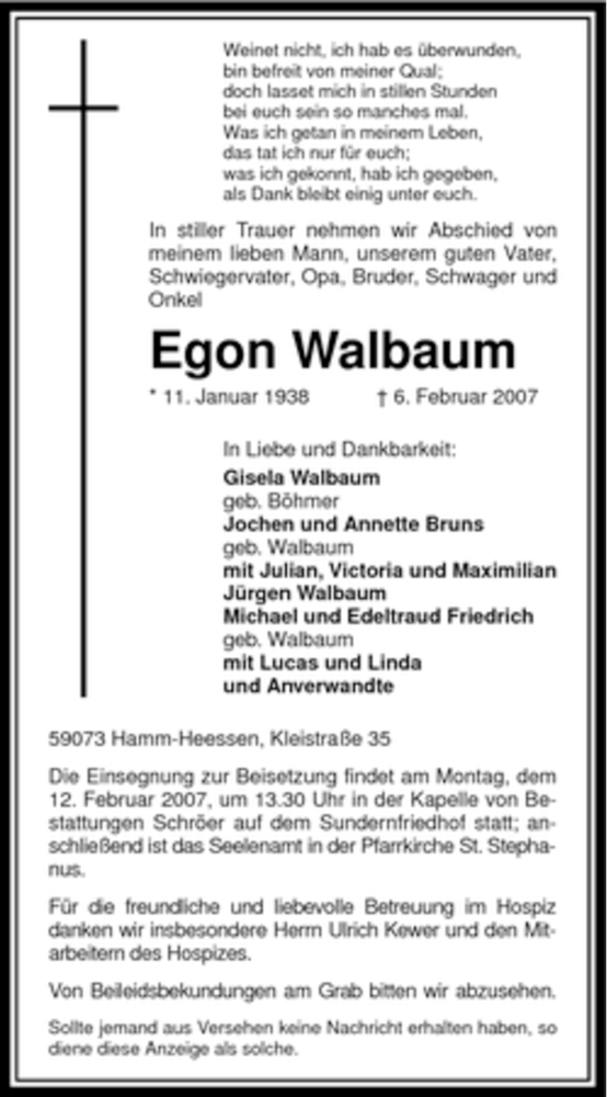  Traueranzeige für Egon Walbaum vom 08.02.2007 aus WESTFÄLISCHER ANZEIGER