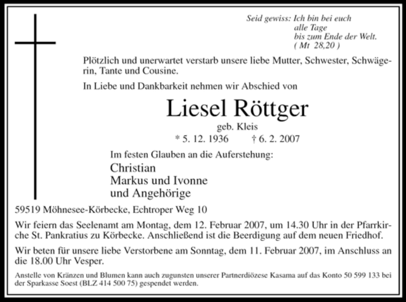  Traueranzeige für Liesel Röttger vom 08.02.2007 aus WESTFÄLISCHER ANZEIGER