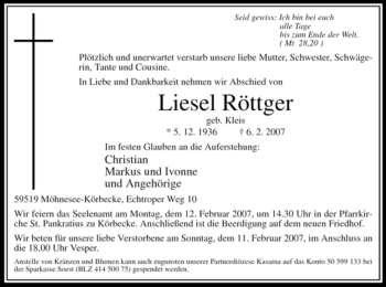 Traueranzeige von Liesel Röttger von WESTFÄLISCHER ANZEIGER