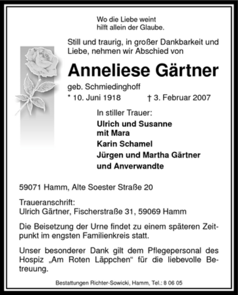  Traueranzeige für Anneliese Gärtner vom 08.02.2007 aus WESTFÄLISCHER ANZEIGER