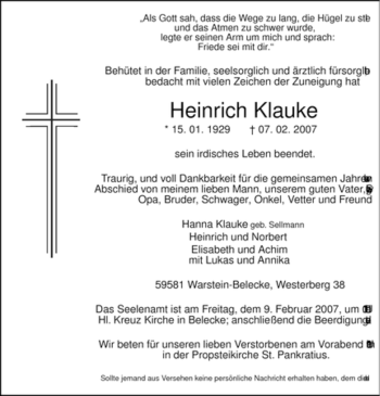 Traueranzeige von Heinrich Klauke von WESTFÄLISCHER ANZEIGER