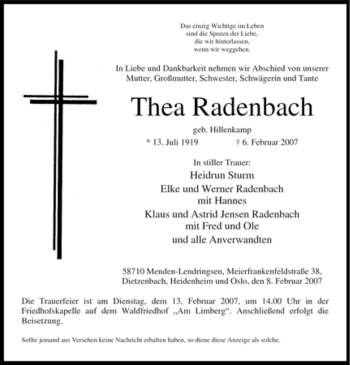 Traueranzeige von Thea Radenbach von WESTFÄLISCHER ANZEIGER