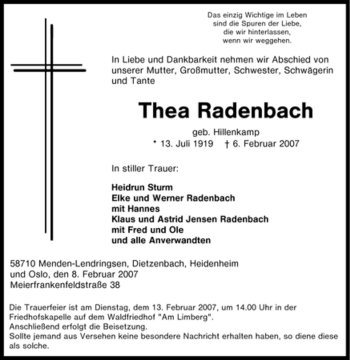 Traueranzeige von Thea Radenbach von WESTFÄLISCHER ANZEIGER