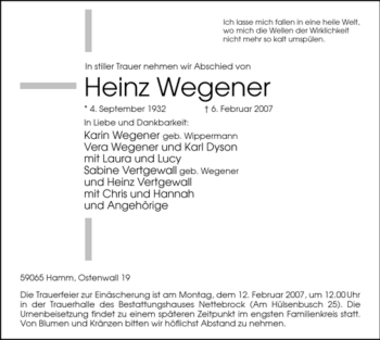 Traueranzeige von Heinz Wegener von WESTFÄLISCHER ANZEIGER