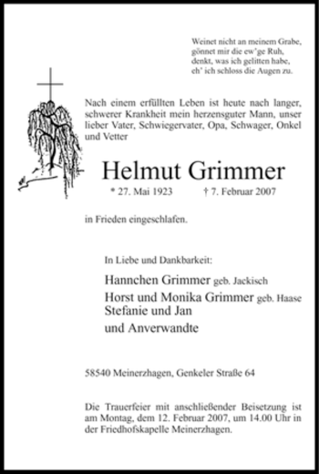 Traueranzeige von Helmut Grimmer von WESTFÄLISCHER ANZEIGER