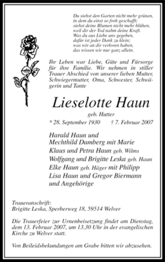  Traueranzeige für Lieselotte Haun vom 09.02.2007 aus WESTFÄLISCHER ANZEIGER