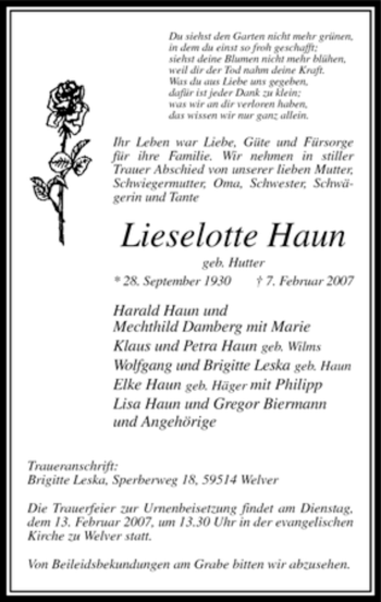 Traueranzeige von Lieselotte Haun von WESTFÄLISCHER ANZEIGER