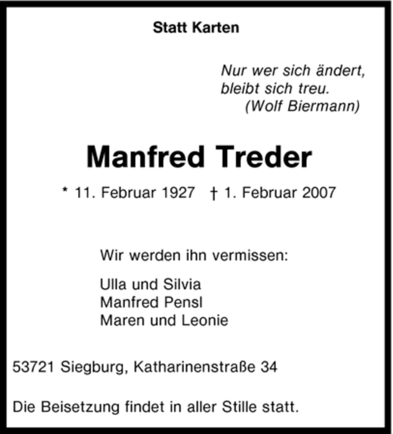  Traueranzeige für Manfred Treder vom 10.02.2007 aus WESTFÄLISCHER ANZEIGER