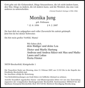 Traueranzeige von Monika Jung von WESTFÄLISCHER ANZEIGER