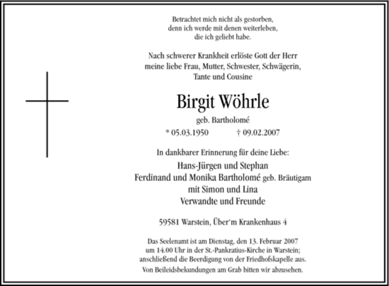  Traueranzeige für Birgit Wöhrle vom 10.02.2007 aus WESTFÄLISCHER ANZEIGER