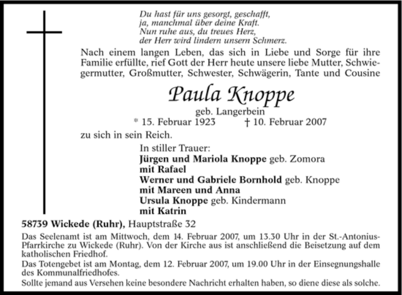 Traueranzeige für Paula Knoppe vom 12.02.2007 aus WESTFÄLISCHER ANZEIGER