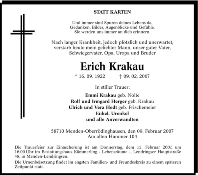  Traueranzeige für Erich Krakau vom 12.02.2007 aus WESTFÄLISCHER ANZEIGER