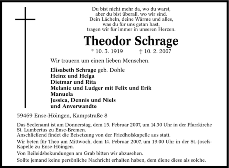  Traueranzeige für Theodor Schrage vom 12.02.2007 aus WESTFÄLISCHER ANZEIGER