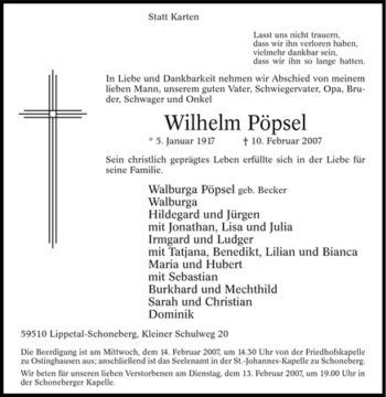 Traueranzeige von Wilhelm Pöpsel von WESTFÄLISCHER ANZEIGER