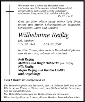 Traueranzeige von Wilhelmine Reißig von WESTFÄLISCHER ANZEIGER