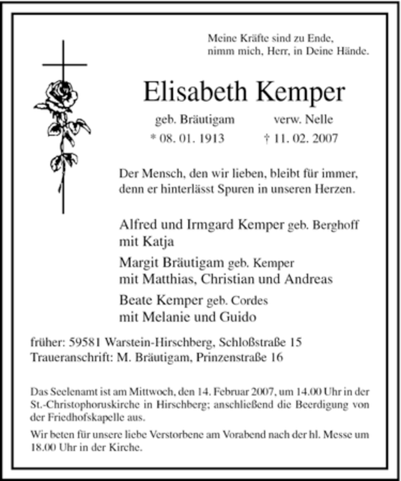  Traueranzeige für Elisabeth Kemper vom 12.02.2007 aus WESTFÄLISCHER ANZEIGER