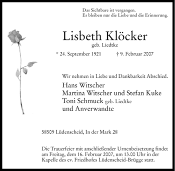 Traueranzeige von Lisbeth Klöcker von WESTFÄLISCHER ANZEIGER