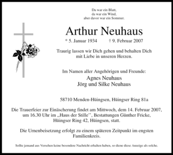 Traueranzeige von Arthur Neuhaus von WESTFÄLISCHER ANZEIGER