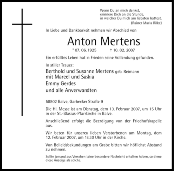 Traueranzeige von Anton Mertens von WESTFÄLISCHER ANZEIGER