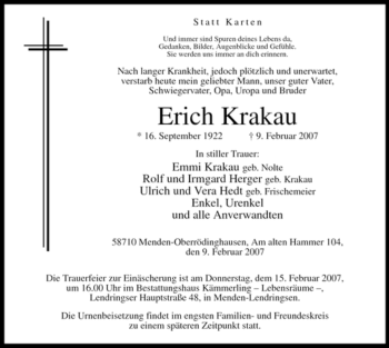 Traueranzeige von Erich Krakau von WESTFÄLISCHER ANZEIGER