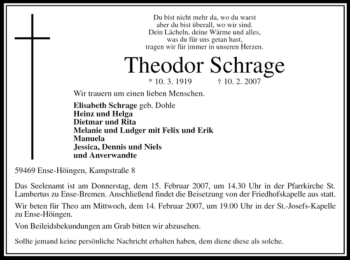 Traueranzeige von Theodor Schrage von WESTFÄLISCHER ANZEIGER