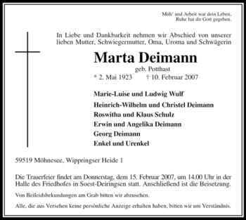 Traueranzeige von Marta Deimann von WESTFÄLISCHER ANZEIGER