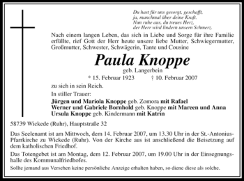 Traueranzeige von Paula Knoppe von WESTFÄLISCHER ANZEIGER