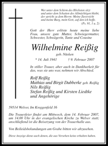 Traueranzeige von Wilhelmine Reißig von WESTFÄLISCHER ANZEIGER