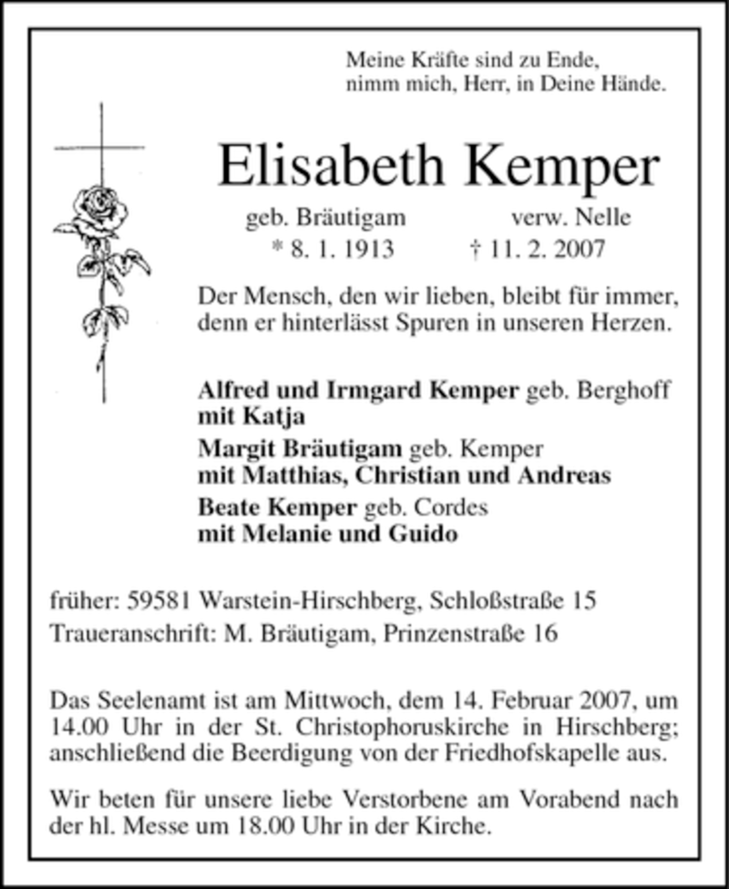  Traueranzeige für Elisabeth Kemper vom 12.02.2007 aus WESTFÄLISCHER ANZEIGER