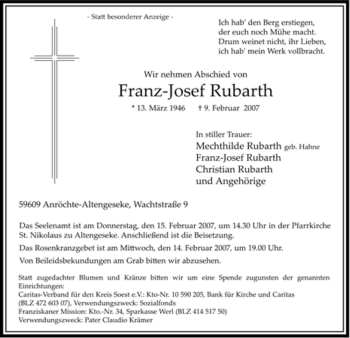 Traueranzeige von Franz-Josef Rubarth von WESTFÄLISCHER ANZEIGER