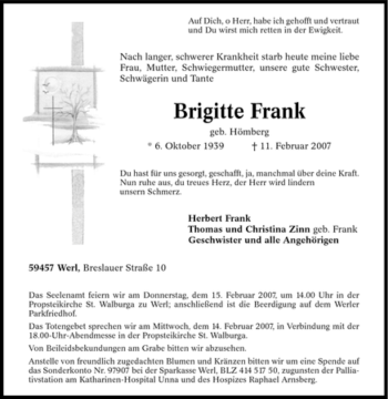 Traueranzeige von Brigitte Frank von WESTFÄLISCHER ANZEIGER