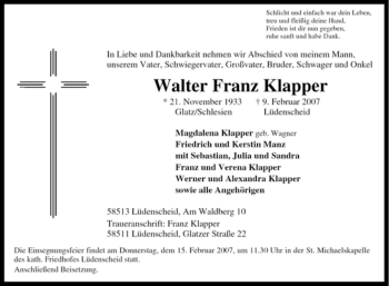 Traueranzeige von Walter Franz Klapper von WESTFÄLISCHER ANZEIGER