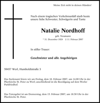 Traueranzeige von Natalie Nordhoff von WESTFÄLISCHER ANZEIGER