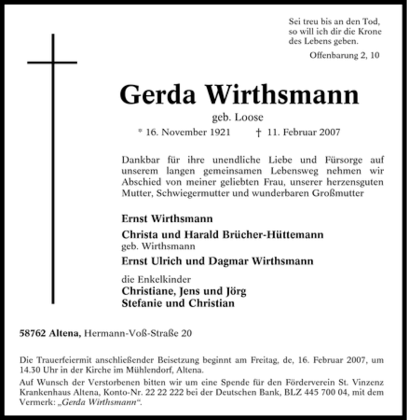  Traueranzeige für Gerda Wirthsmann vom 13.02.2007 aus WESTFÄLISCHER ANZEIGER