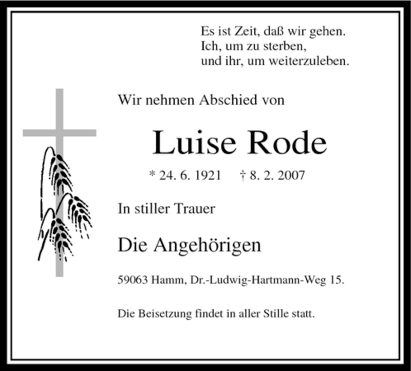  Traueranzeige für Luise Rode vom 13.02.2007 aus WESTFÄLISCHER ANZEIGER