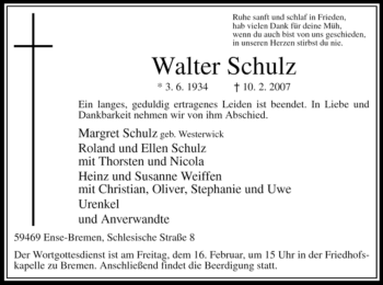 Traueranzeige von Walter Schulz von WESTFÄLISCHER ANZEIGER